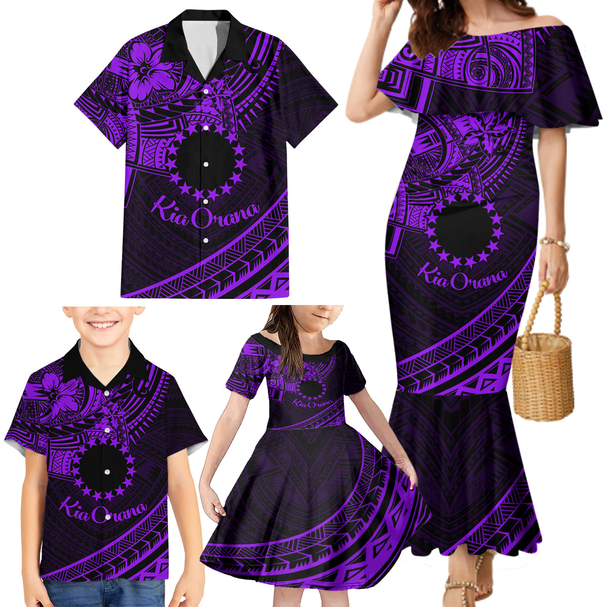 Kia Orana Cook Islands Family Matching Mermaid Dress and Hawaiian Shirt Circle Stars With Floral Purple Pattern LT01 - Polynesian Pride