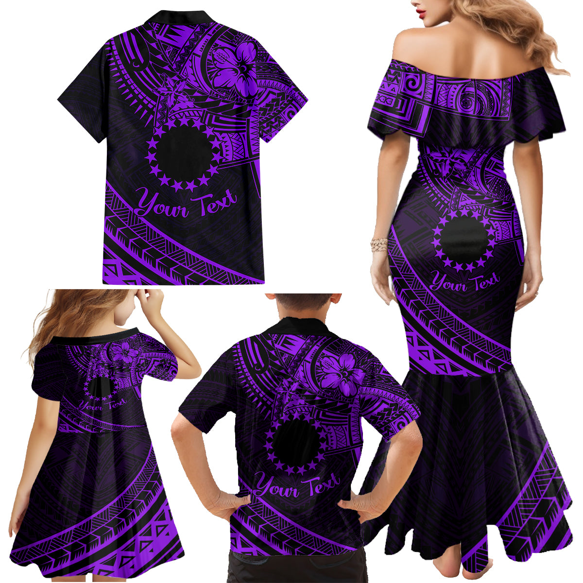 Kia Orana Cook Islands Family Matching Mermaid Dress and Hawaiian Shirt Circle Stars With Floral Purple Pattern LT01 - Polynesian Pride