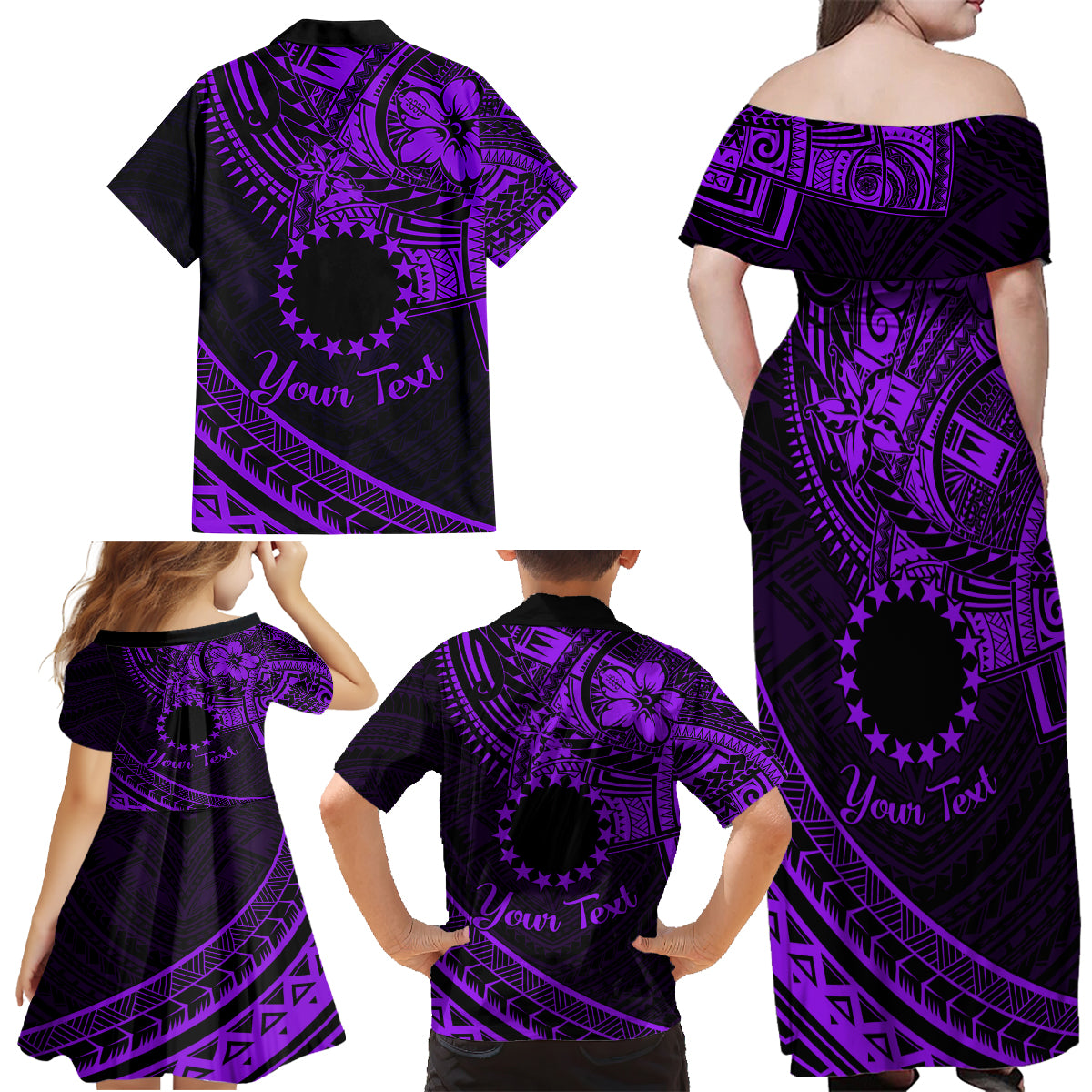 Kia Orana Cook Islands Family Matching Off Shoulder Maxi Dress and Hawaiian Shirt Circle Stars With Floral Purple Pattern LT01 - Polynesian Pride