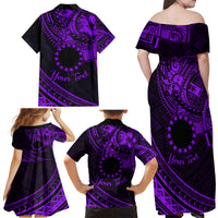 Kia Orana Cook Islands Family Matching Off Shoulder Maxi Dress and Hawaiian Shirt Circle Stars With Floral Purple Pattern LT01 - Polynesian Pride
