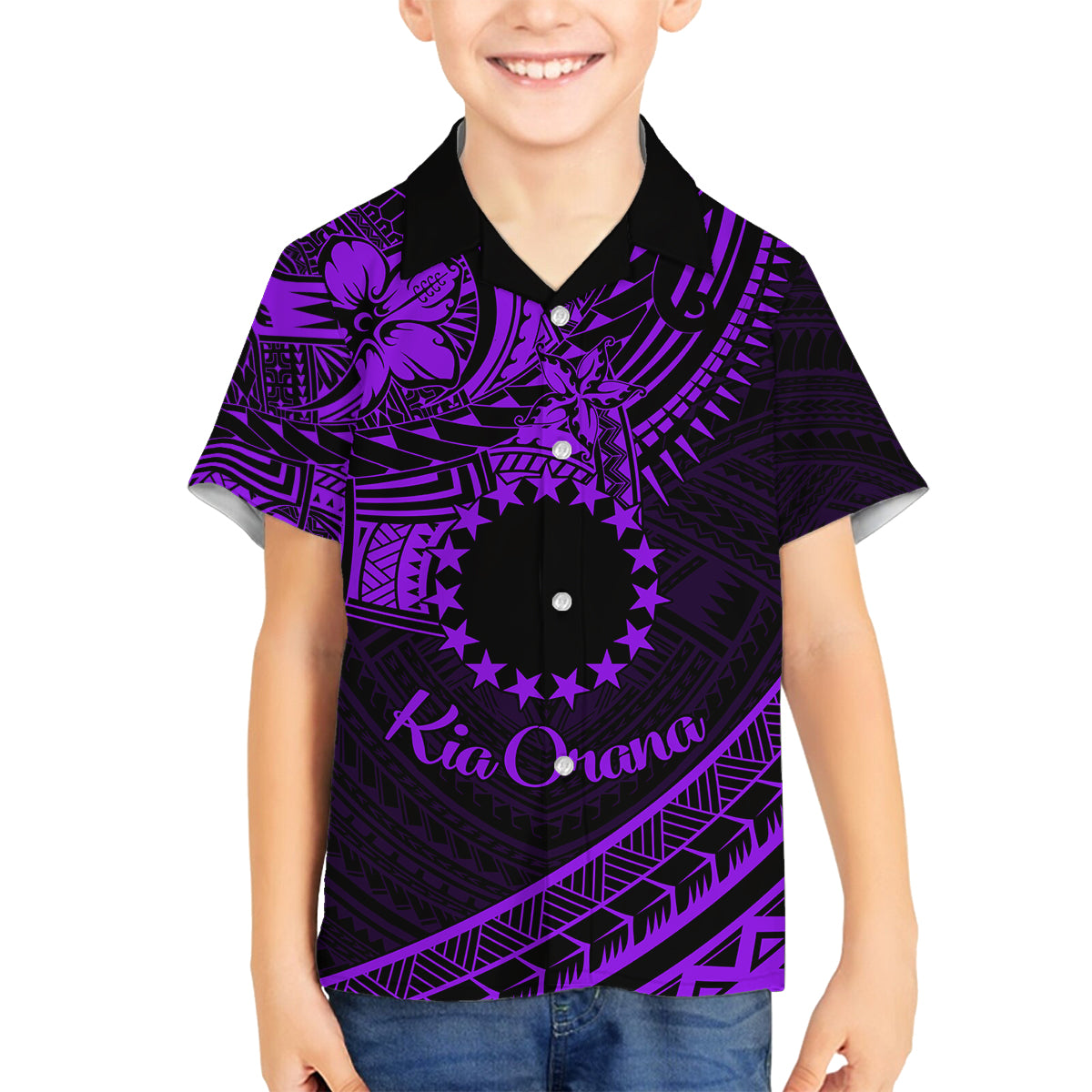 Kia Orana Cook Islands Family Matching Off Shoulder Maxi Dress and Hawaiian Shirt Circle Stars With Floral Purple Pattern LT01 Son's Shirt Purple - Polynesian Pride
