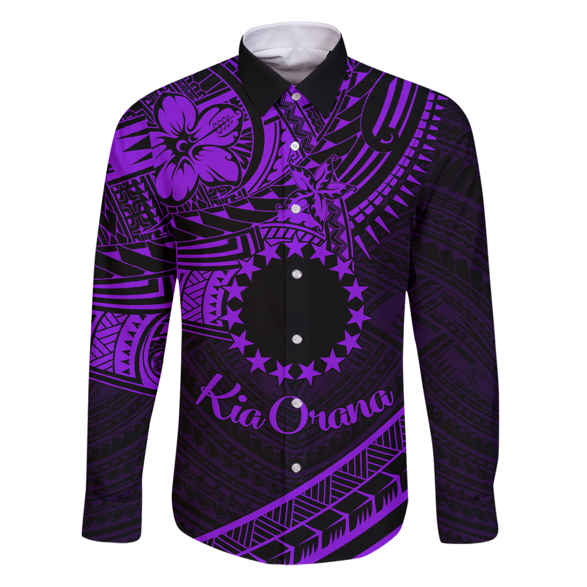 Kia Orana Cook Islands Family Matching Puletasi Dress and Hawaiian Shirt Circle Stars With Floral Purple Pattern LT01 Dad's Shirt - Long Sleeve Purple - Polynesian Pride