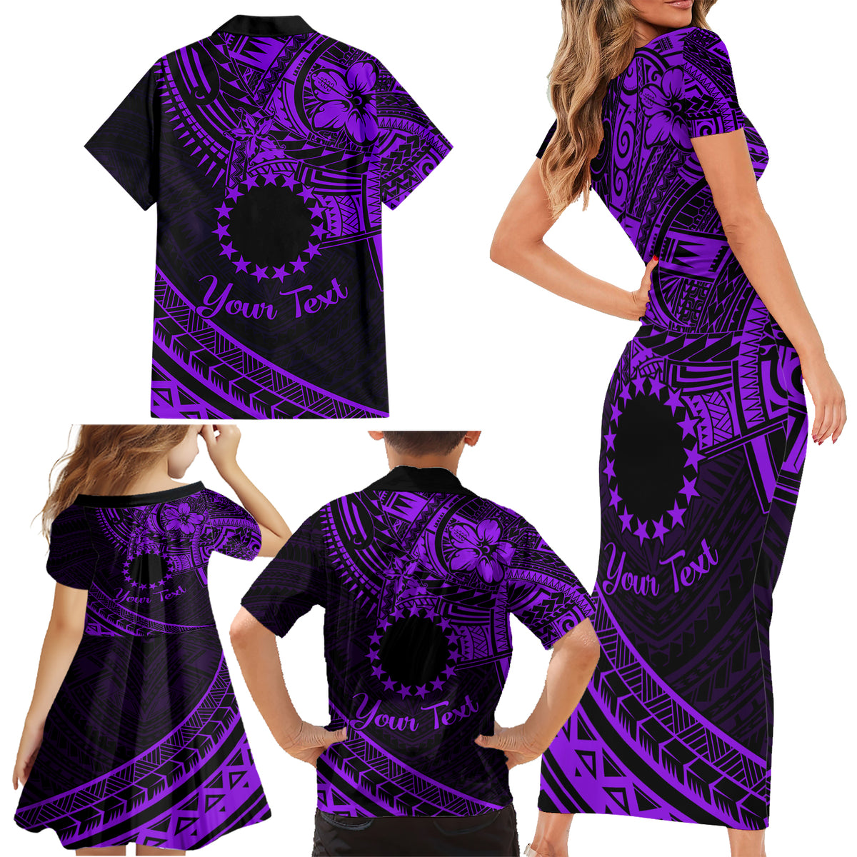 Kia Orana Cook Islands Family Matching Short Sleeve Bodycon Dress and Hawaiian Shirt Circle Stars With Floral Purple Pattern LT01 - Polynesian Pride