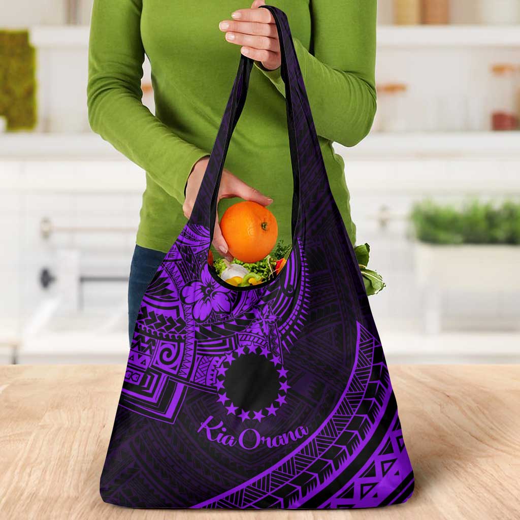 Kia Orana Cook Islands Grocery Bag Circle Stars With Floral Purple Pattern