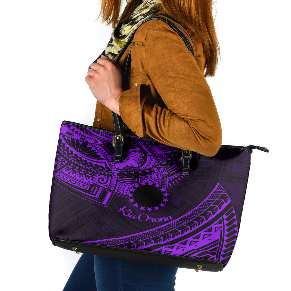 Kia Orana Cook Islands Leather Tote Bag Circle Stars With Floral Purple Pattern LT01 Purple - Polynesian Pride