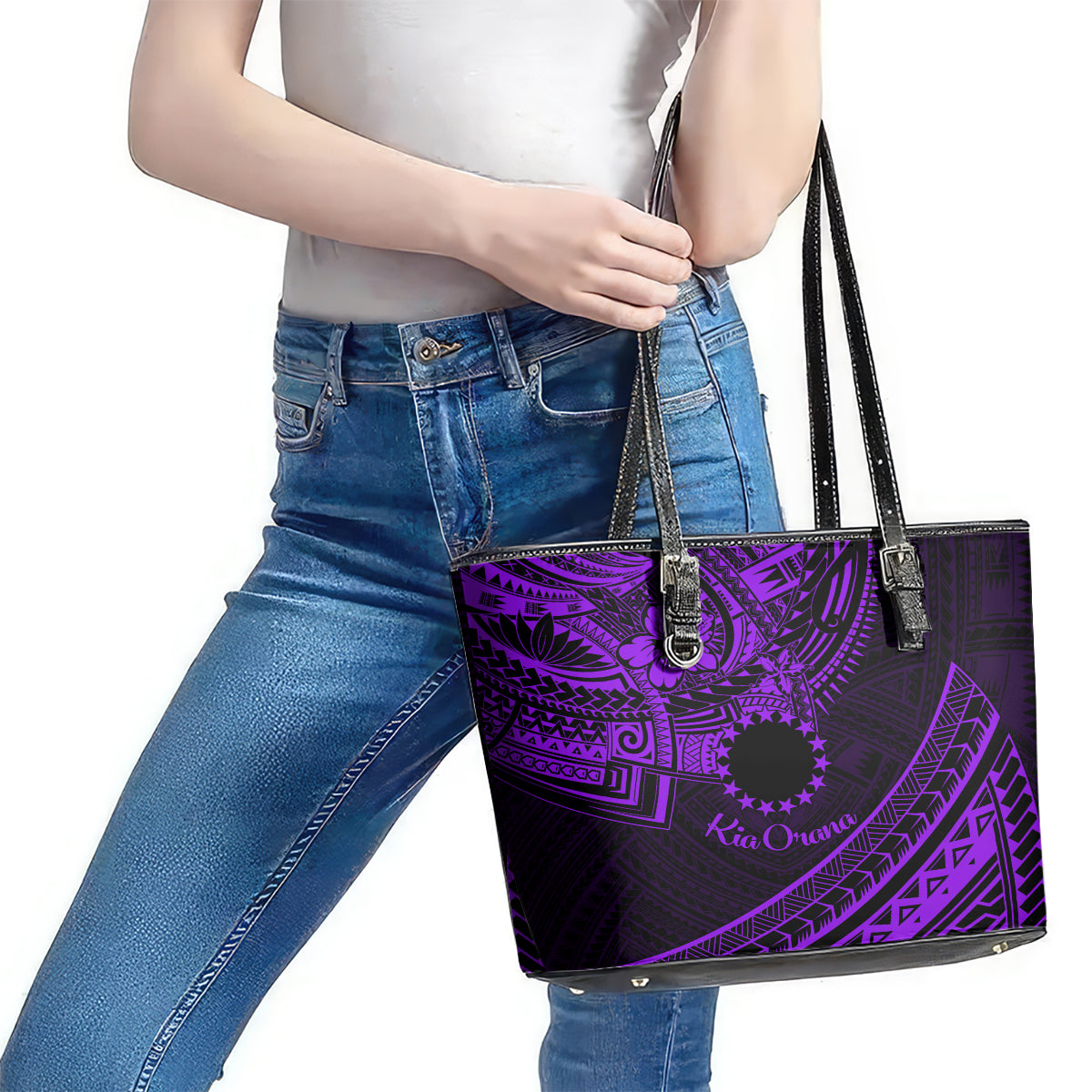 Kia Orana Cook Islands Leather Tote Bag Circle Stars With Floral Purple Pattern LT01 - Polynesian Pride