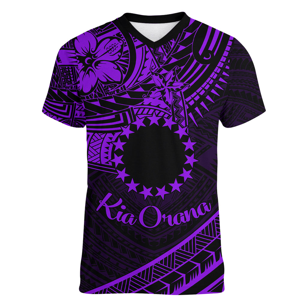 Kia Orana Cook Islands Women V Neck T Shirt Circle Stars With Floral Purple Pattern LT01 Female Purple - Polynesian Pride