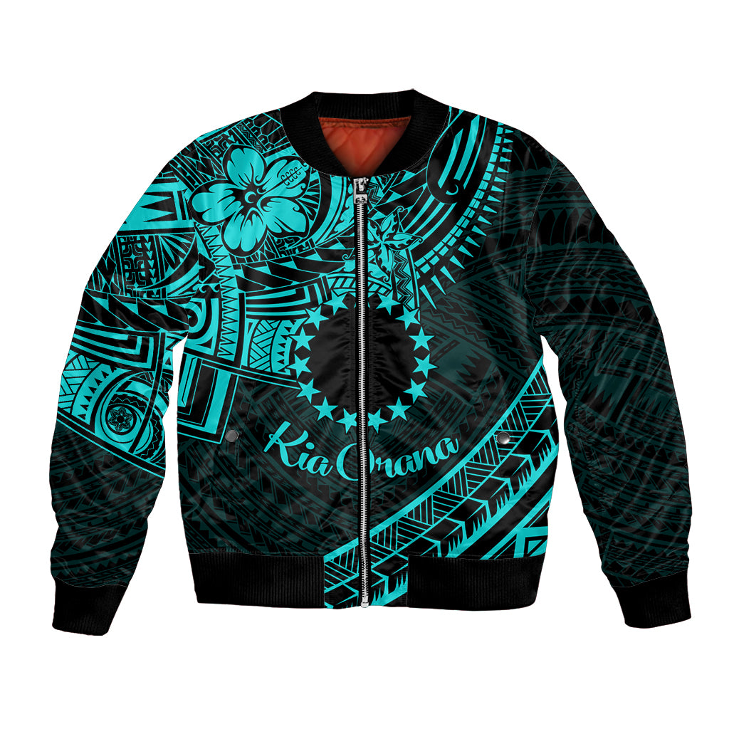 Kia Orana Cook Islands Bomber Jacket Circle Stars With Floral Turquoise Pattern LT01 Unisex Turquoise - Polynesian Pride