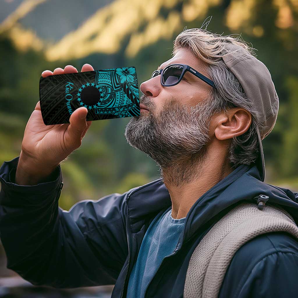 Kia Orana Cook Islands 4 in 1 Can Cooler Tumbler Circle Stars With Floral Turquoise Pattern