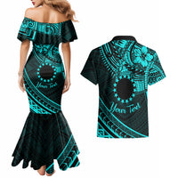 Kia Orana Cook Islands Couples Matching Mermaid Dress and Hawaiian Shirt Circle Stars With Floral Turquoise Pattern LT01 - Polynesian Pride