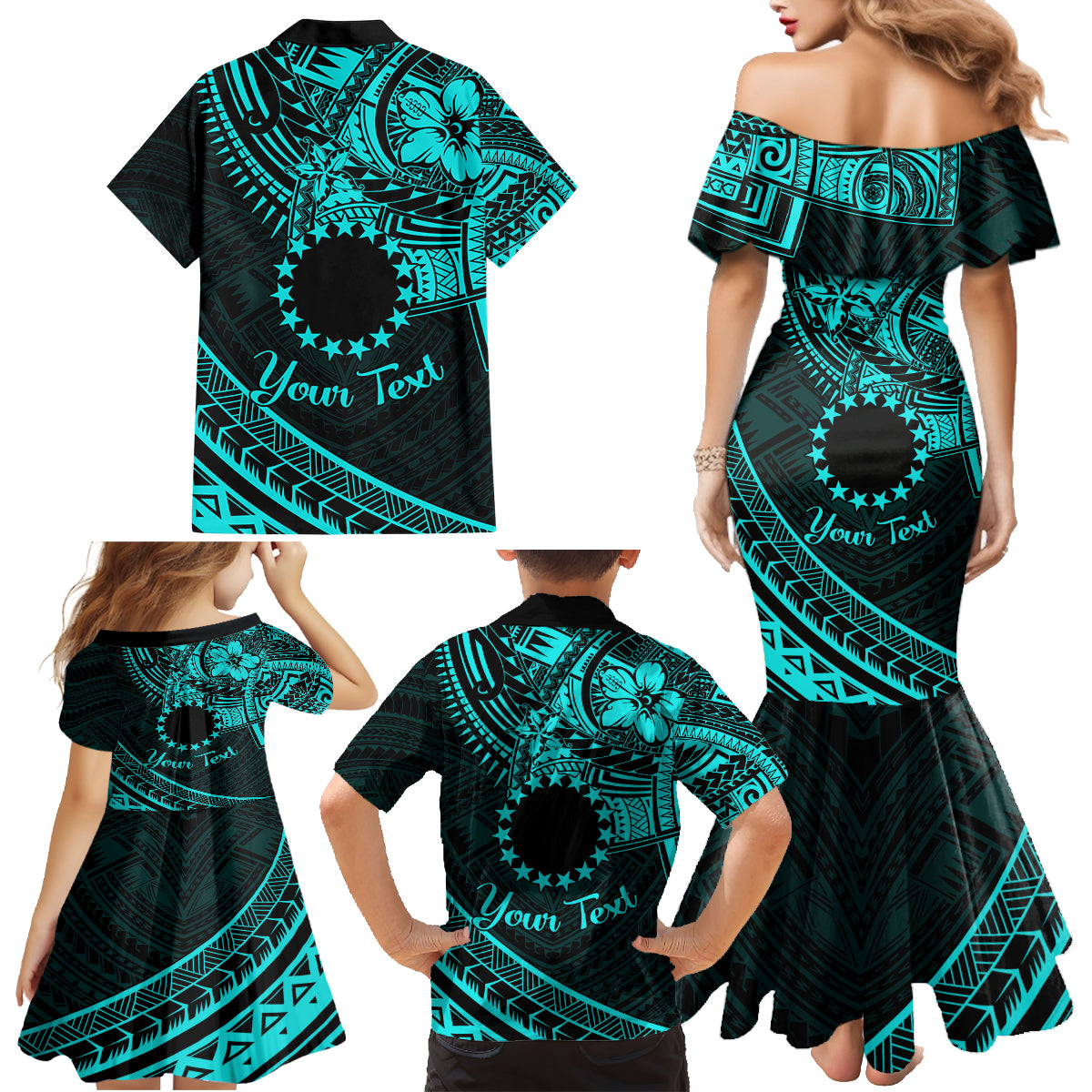 Kia Orana Cook Islands Family Matching Mermaid Dress and Hawaiian Shirt Circle Stars With Floral Turquoise Pattern LT01 - Polynesian Pride