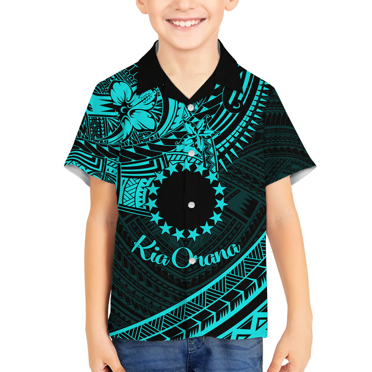 Kia Orana Cook Islands Family Matching Off Shoulder Maxi Dress and Hawaiian Shirt Circle Stars With Floral Turquoise Pattern LT01 Son's Shirt Turquoise - Polynesian Pride