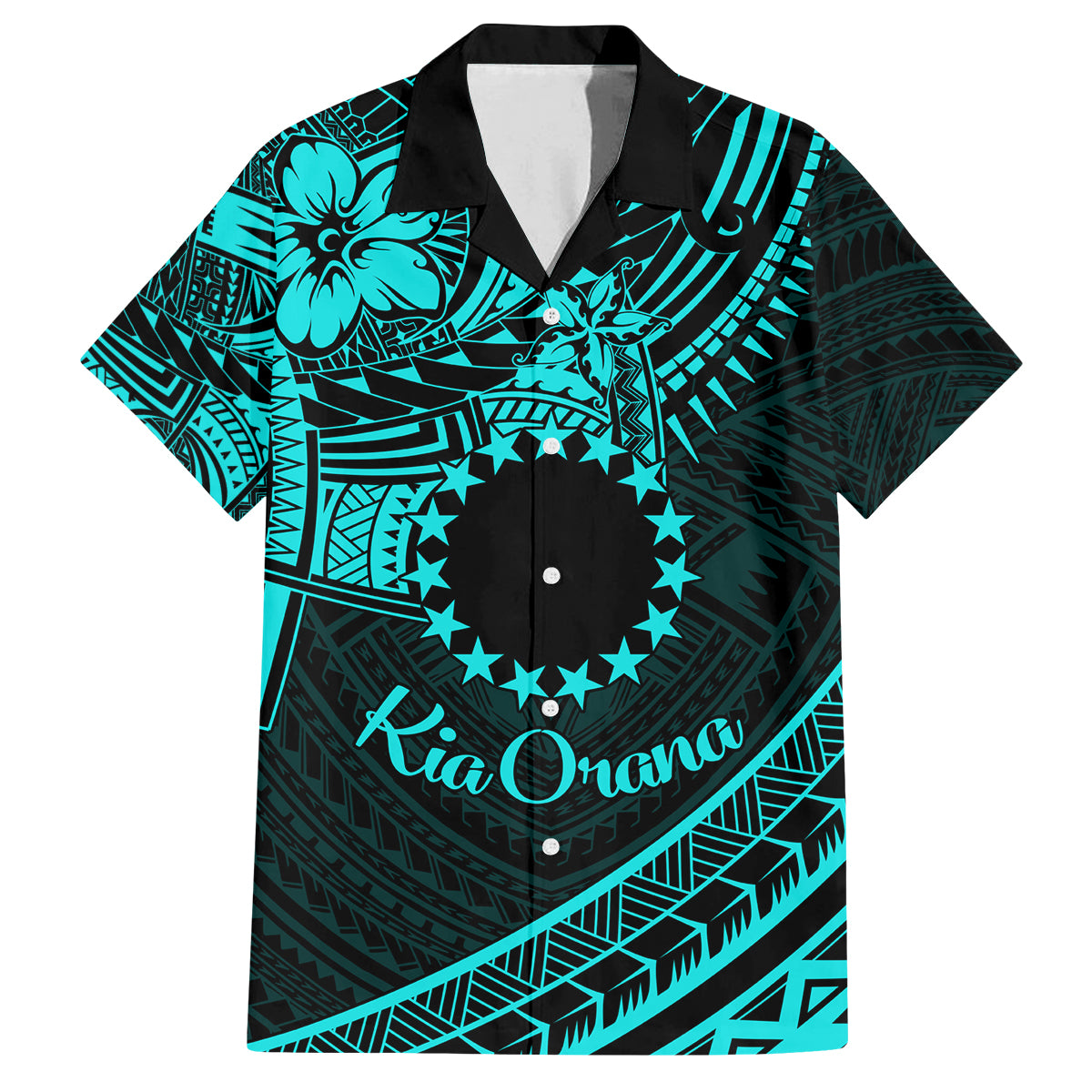 Kia Orana Cook Islands Family Matching Summer Maxi Dress and Hawaiian Shirt Circle Stars With Floral Turquoise Pattern LT01 Dad's Shirt - Short Sleeve Turquoise - Polynesian Pride