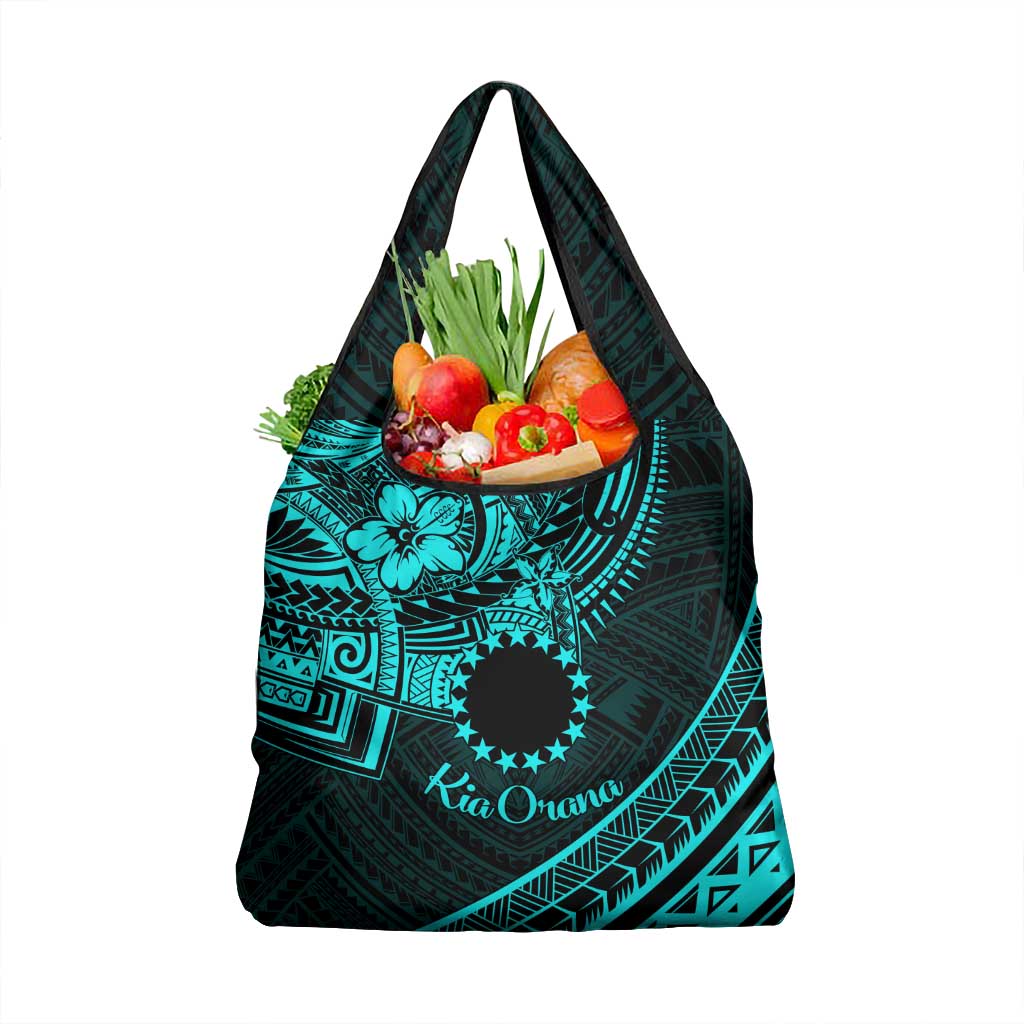 Kia Orana Cook Islands Grocery Bag Circle Stars With Floral Turquoise Pattern