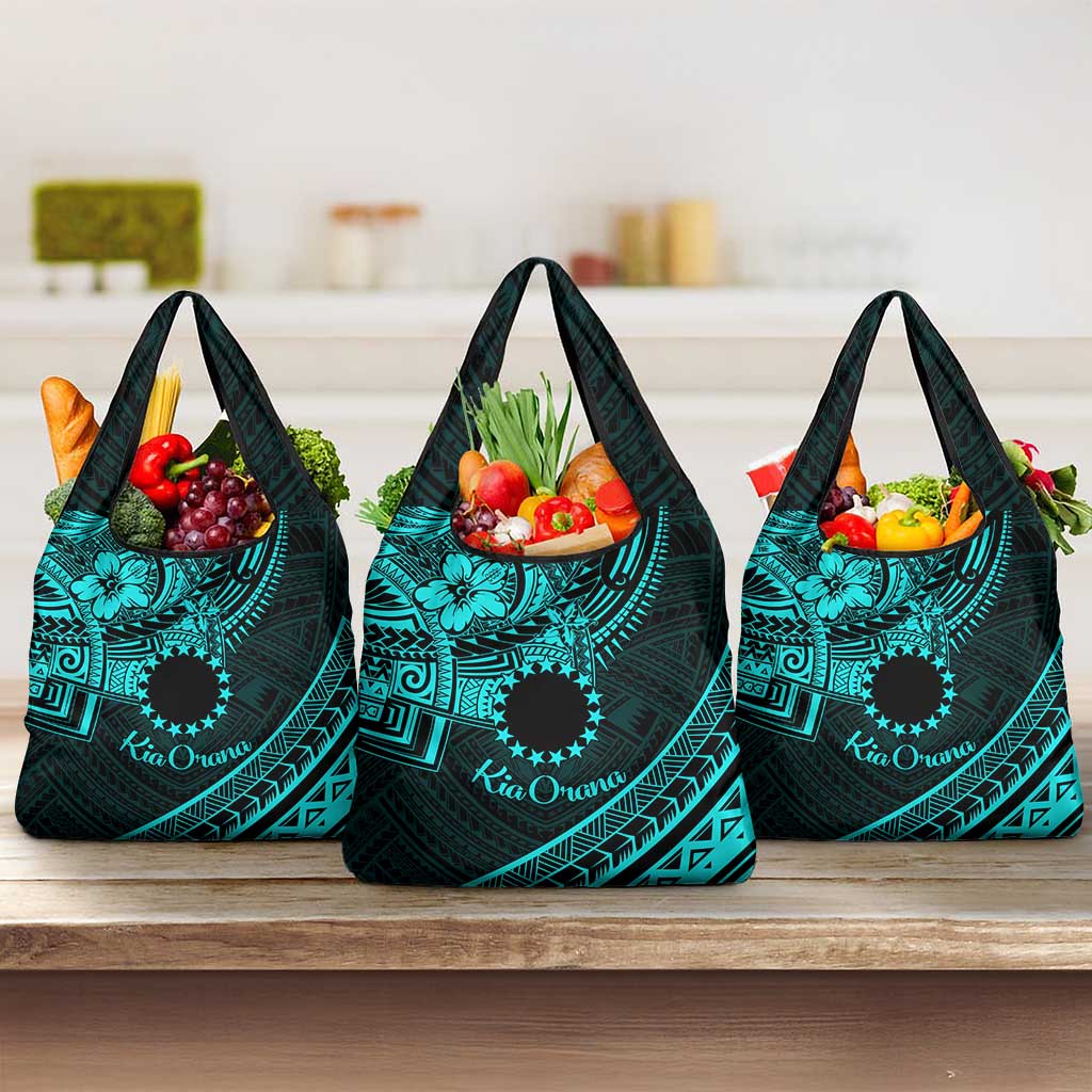 Kia Orana Cook Islands Grocery Bag Circle Stars With Floral Turquoise Pattern