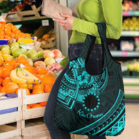 Kia Orana Cook Islands Grocery Bag Circle Stars With Floral Turquoise Pattern