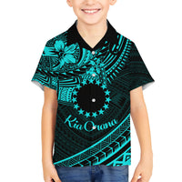 Kia Orana Cook Islands Kid Hawaiian Shirt Circle Stars With Floral Turquoise Pattern LT01 Kid Turquoise - Polynesian Pride