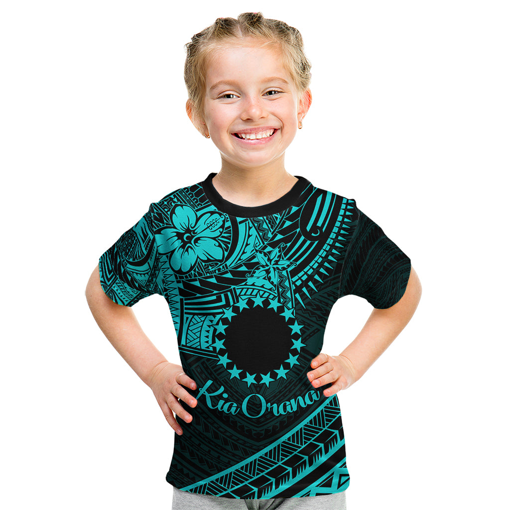 Kia Orana Cook Islands Kid T Shirt Circle Stars With Floral Turquoise Pattern LT01 Turquoise - Polynesian Pride
