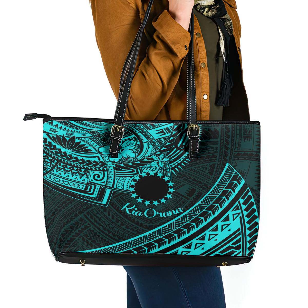 Kia Orana Cook Islands Leather Tote Bag Circle Stars With Floral Turquoise Pattern LT01 - Polynesian Pride