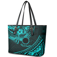 Kia Orana Cook Islands Leather Tote Bag Circle Stars With Floral Turquoise Pattern LT01 - Polynesian Pride