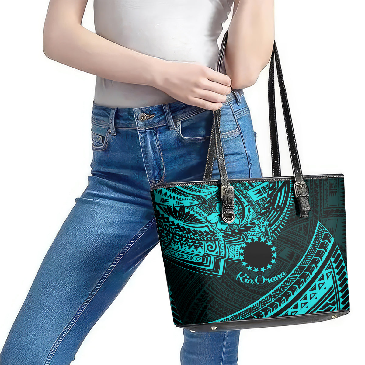 Kia Orana Cook Islands Leather Tote Bag Circle Stars With Floral Turquoise Pattern LT01 - Polynesian Pride