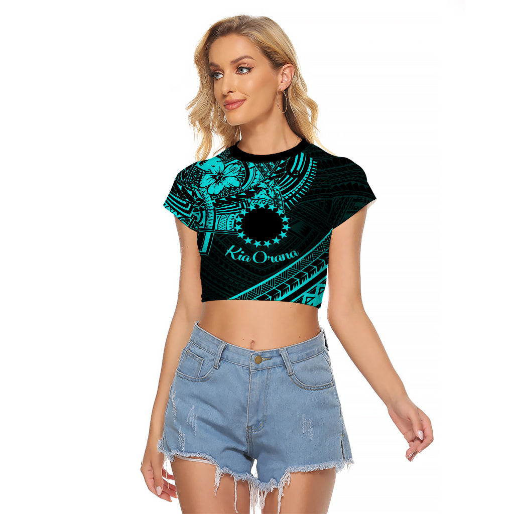 Kia Orana Cook Islands Raglan Cropped T Shirt Circle Stars With Floral Turquoise Pattern LT01 Female Turquoise - Polynesian Pride