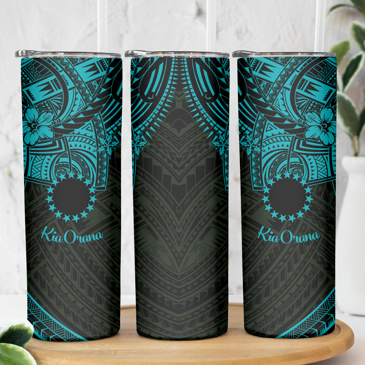 Kia Orana Cook Islands Skinny Tumbler Circle Stars With Floral Turquoise Pattern