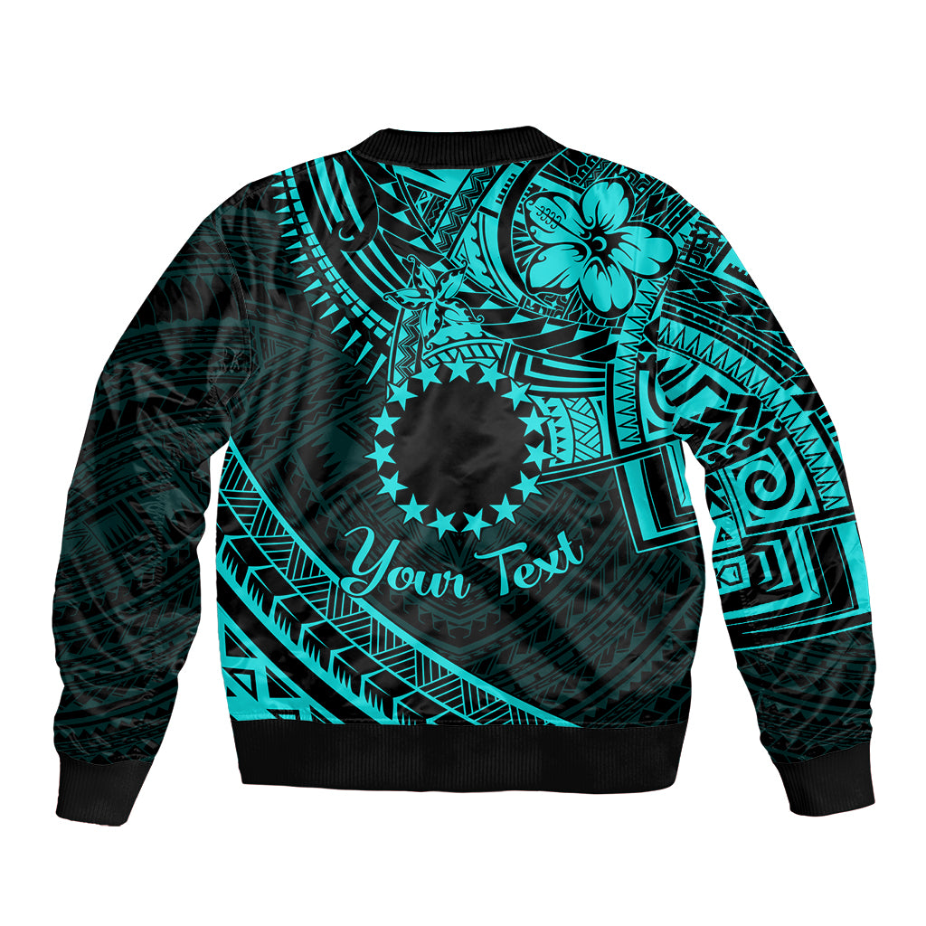 Kia Orana Cook Islands Sleeve Zip Bomber Jacket Circle Stars With Floral Turquoise Pattern LT01 - Polynesian Pride