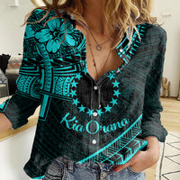 Kia Orana Cook Islands Women Casual Shirt Circle Stars With Floral Turquoise Pattern LT01 Female Turquoise - Polynesian Pride