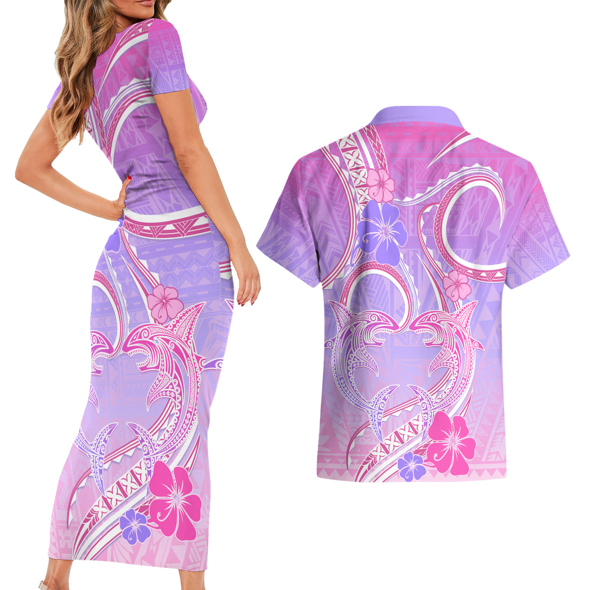 Polynesian Shark Valentine Couples Matching Short Sleeve Bodycon Dress and Hawaiian Shirt Sweet Unique Version LT01 - Polynesian Pride