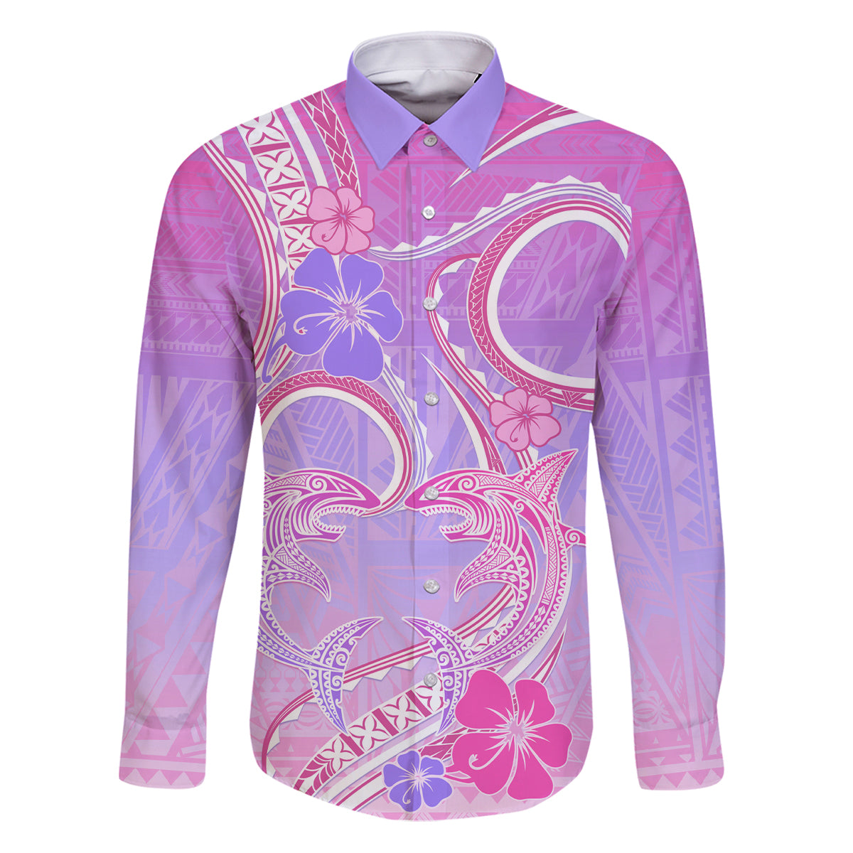 Polynesian Shark Valentine Family Matching Puletasi and Hawaiian Shirt Sweet Unique Version LT01 Dad's Shirt - Long Sleeve Pink - Polynesian Pride
