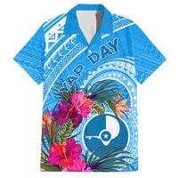 Yap Day Family Matching Off Shoulder Long Sleeve Dress and Hawaiian Shirt Nam nu Waqab Tropical Flower LT01 Dad's Shirt - Short Sleeve Blue - Polynesian Pride
