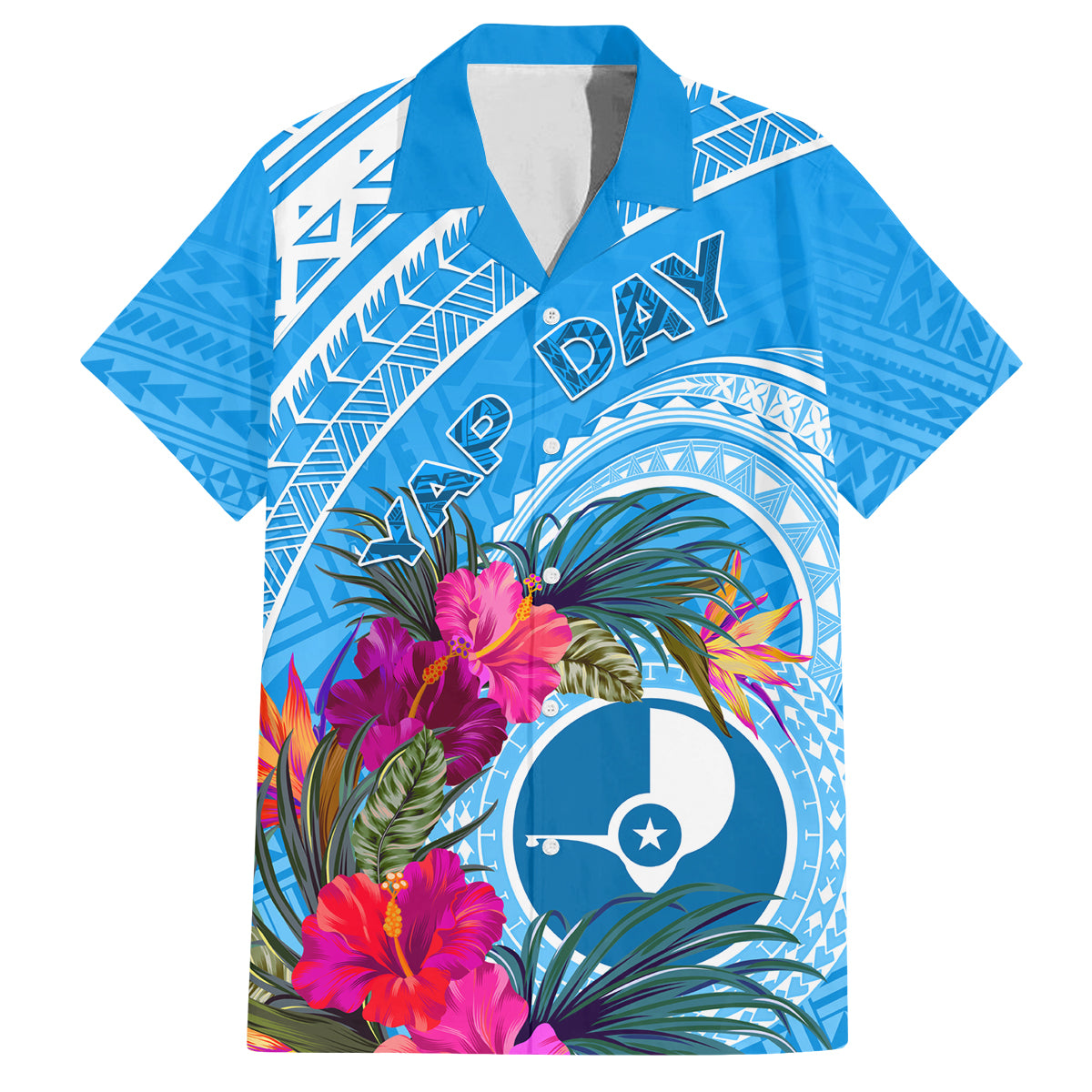 Yap Day Family Matching Summer Maxi Dress and Hawaiian Shirt Nam nu Waqab Tropical Flower LT01 Dad's Shirt - Short Sleeve Blue - Polynesian Pride
