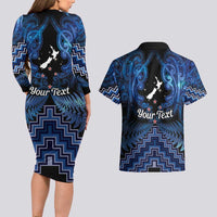 Personalised Aotearoa Matariki Couples Matching Long Sleeve Bodycon Dress and Hawaiian Shirt Blue Fern Maori Poutama