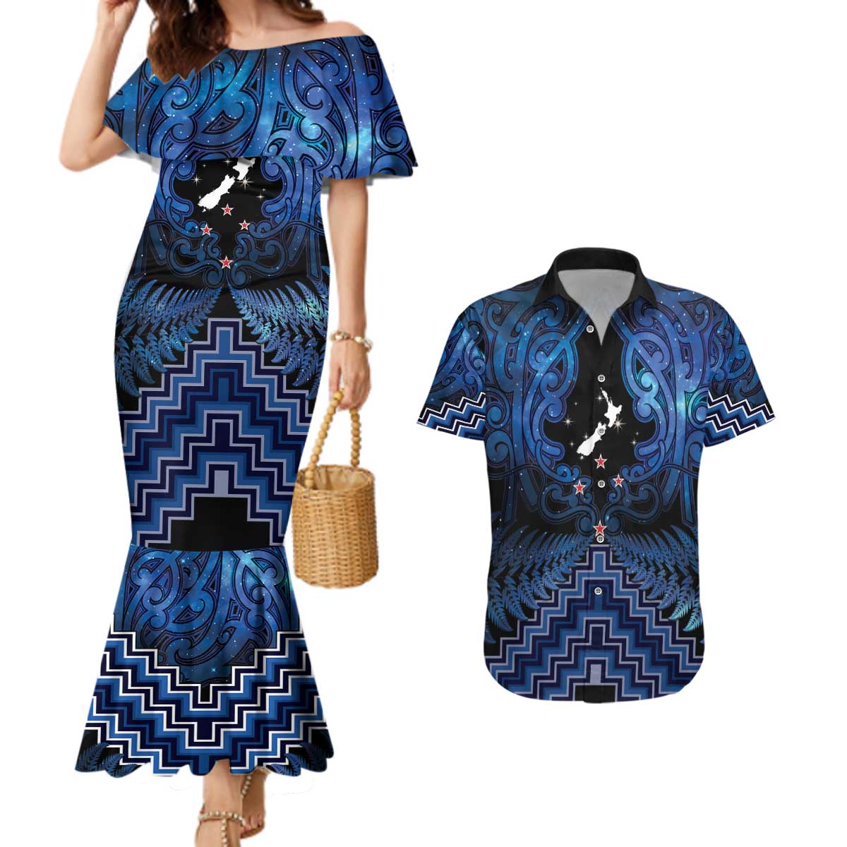Personalised Aotearoa Matariki Couples Matching Mermaid Dress and Hawaiian Shirt Blue Fern Maori Poutama