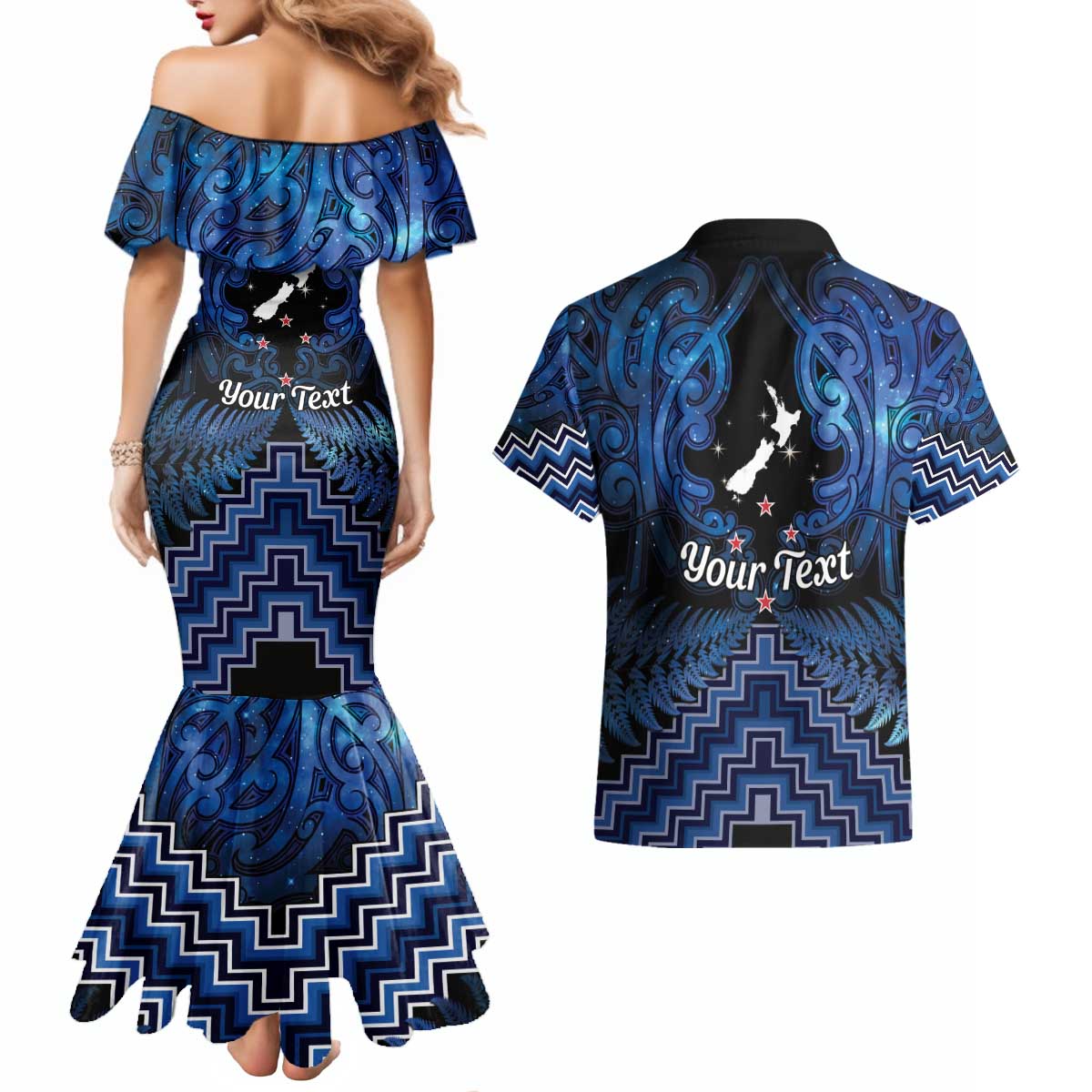 Personalised Aotearoa Matariki Couples Matching Mermaid Dress and Hawaiian Shirt Blue Fern Maori Poutama