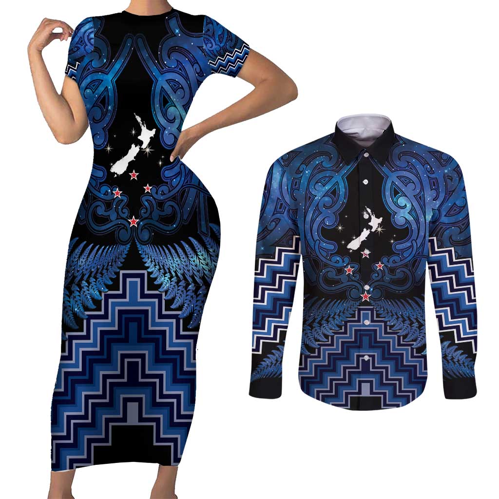 Personalised Aotearoa Matariki Couples Matching Short Sleeve Bodycon Dress and Long Sleeve Button Shirt Blue Fern Maori Poutama