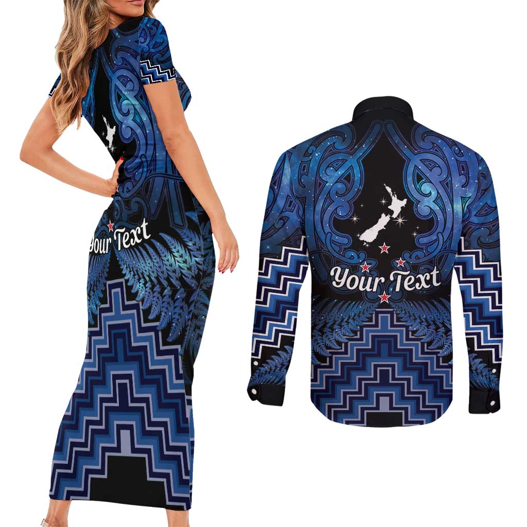 Personalised Aotearoa Matariki Couples Matching Short Sleeve Bodycon Dress and Long Sleeve Button Shirt Blue Fern Maori Poutama