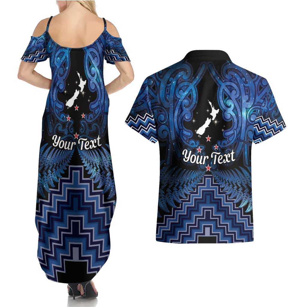 Personalised Aotearoa Matariki Couples Matching Summer Maxi Dress and Hawaiian Shirt Blue Fern Maori Poutama