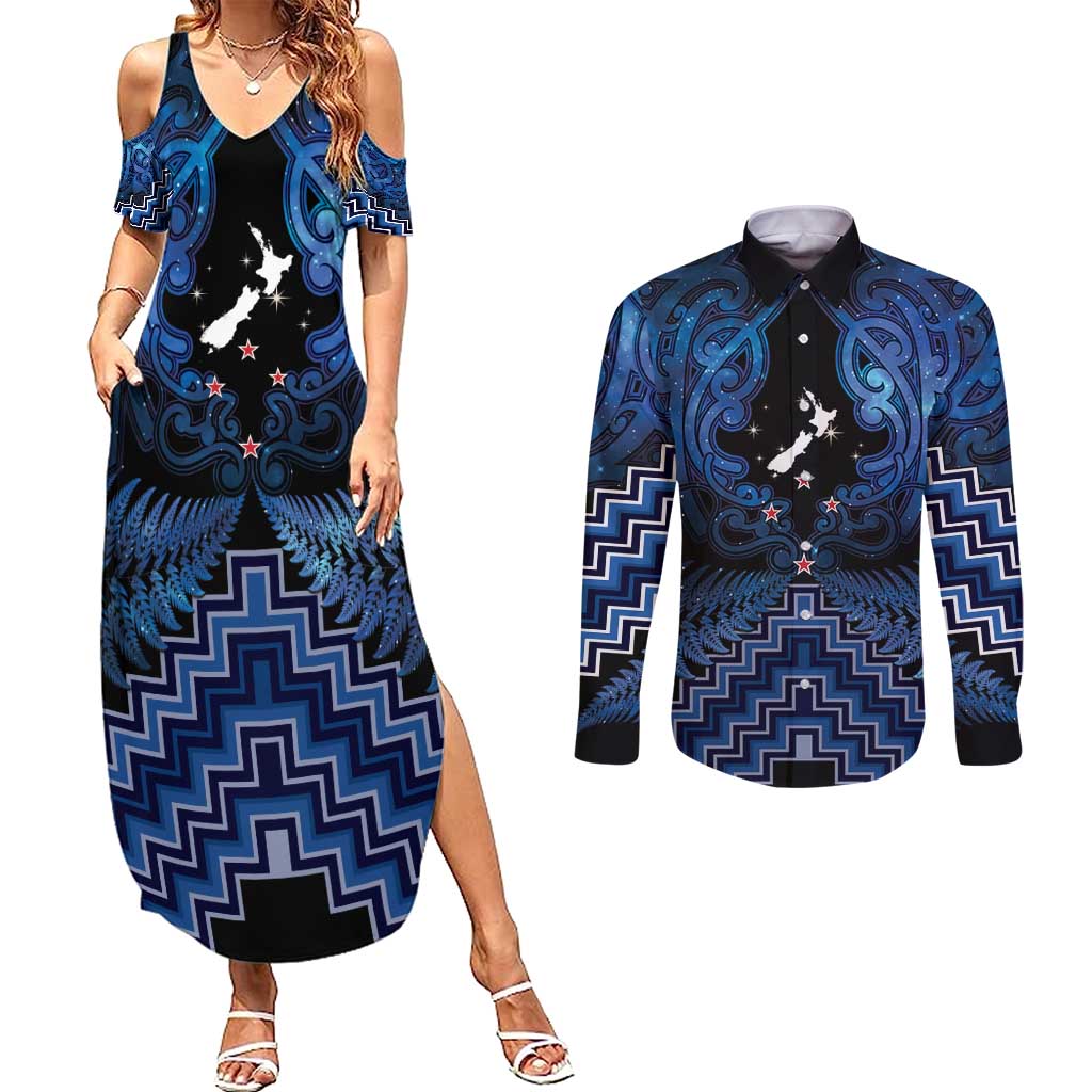 Personalised Aotearoa Matariki Couples Matching Summer Maxi Dress and Long Sleeve Button Shirt Blue Fern Maori Poutama