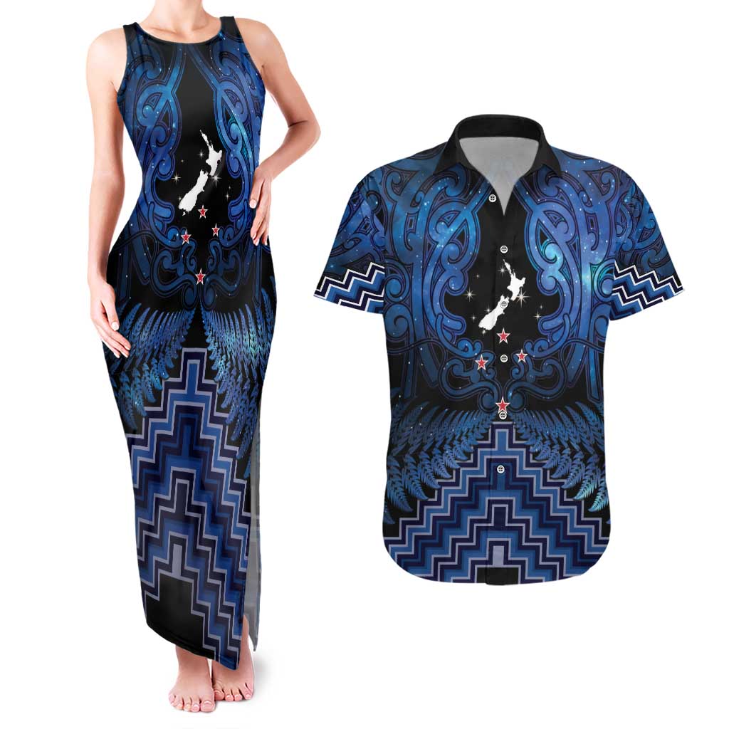 Personalised Aotearoa Matariki Couples Matching Tank Maxi Dress and Hawaiian Shirt Blue Fern Maori Poutama