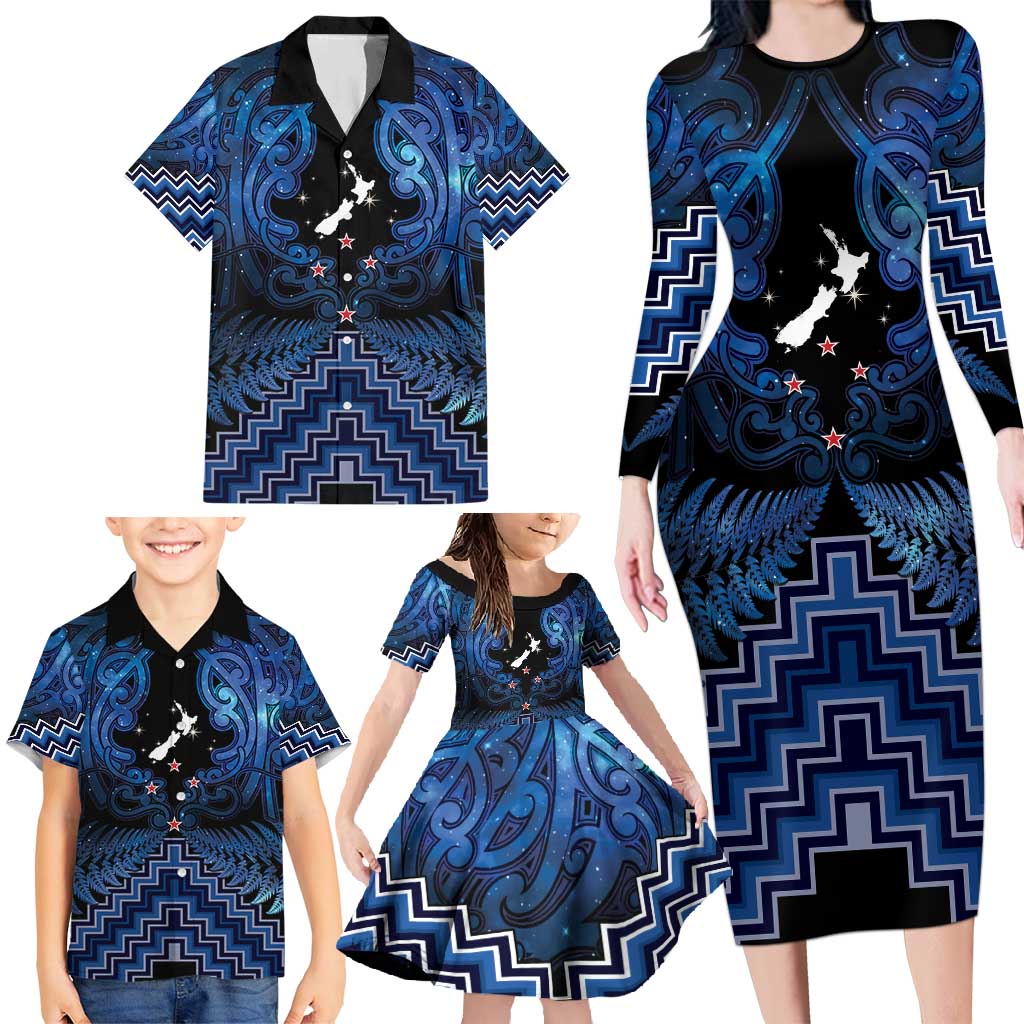 Personalised Aotearoa Matariki Family Matching Long Sleeve Bodycon Dress and Hawaiian Shirt Blue Fern Maori Poutama
