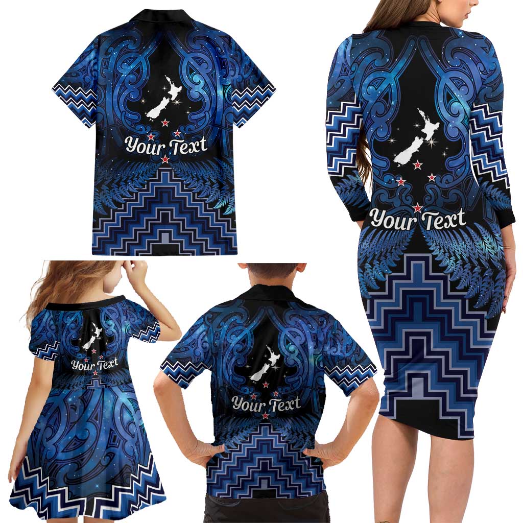 Personalised Aotearoa Matariki Family Matching Long Sleeve Bodycon Dress and Hawaiian Shirt Blue Fern Maori Poutama