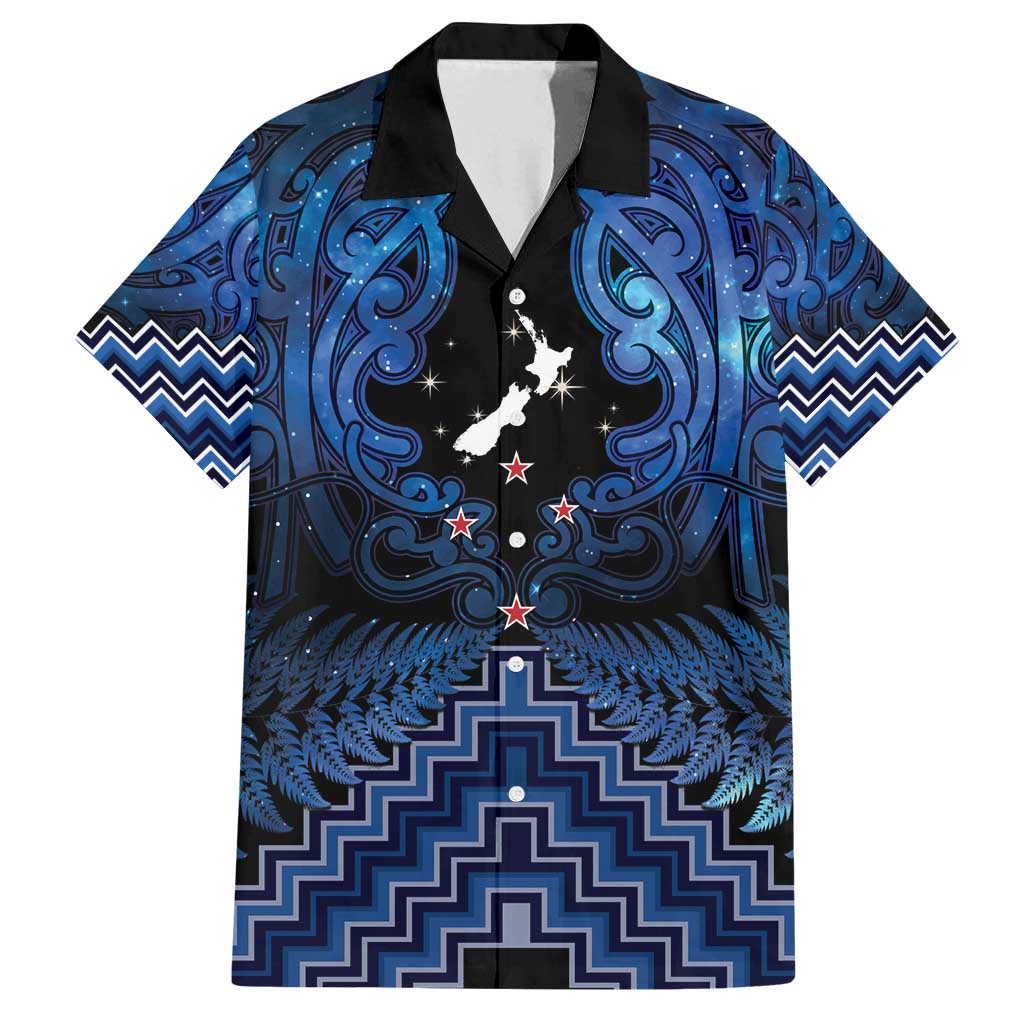 Personalised Aotearoa Matariki Family Matching Long Sleeve Bodycon Dress and Hawaiian Shirt Blue Fern Maori Poutama