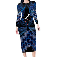Personalised Aotearoa Matariki Family Matching Long Sleeve Bodycon Dress and Hawaiian Shirt Blue Fern Maori Poutama