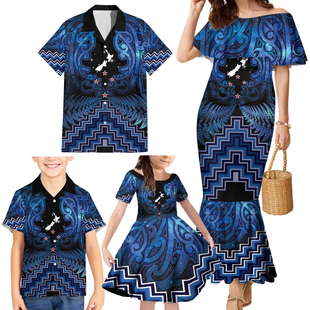 Personalised Aotearoa Matariki Family Matching Mermaid Dress and Hawaiian Shirt Blue Fern Maori Poutama