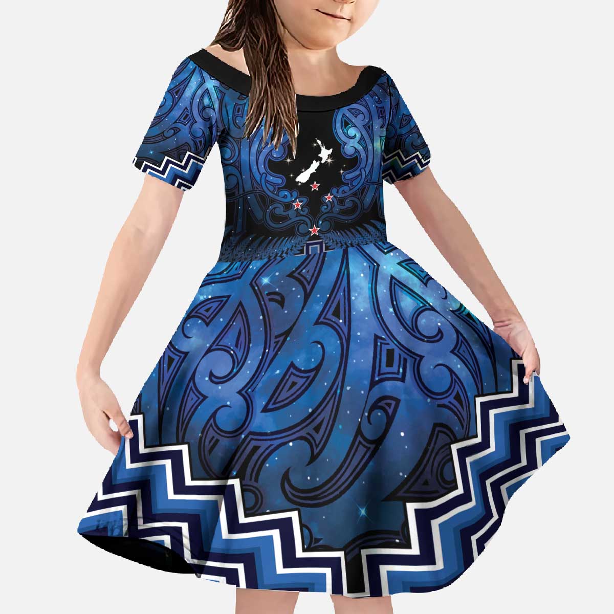 Personalised Aotearoa Matariki Family Matching Off The Shoulder Long Sleeve Dress and Hawaiian Shirt Blue Fern Maori Poutama