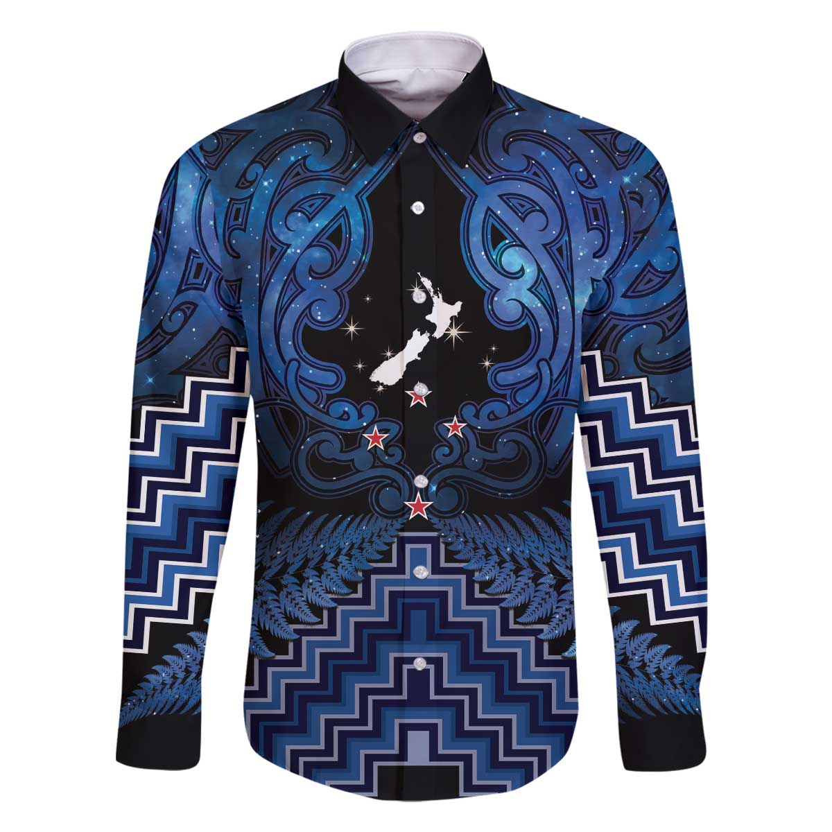 Personalised Aotearoa Matariki Family Matching Off The Shoulder Long Sleeve Dress and Hawaiian Shirt Blue Fern Maori Poutama