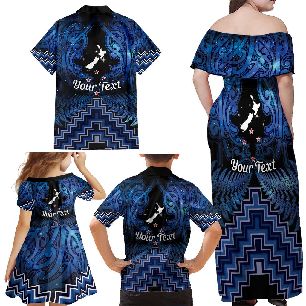 Personalised Aotearoa Matariki Family Matching Off Shoulder Maxi Dress and Hawaiian Shirt Blue Fern Maori Poutama