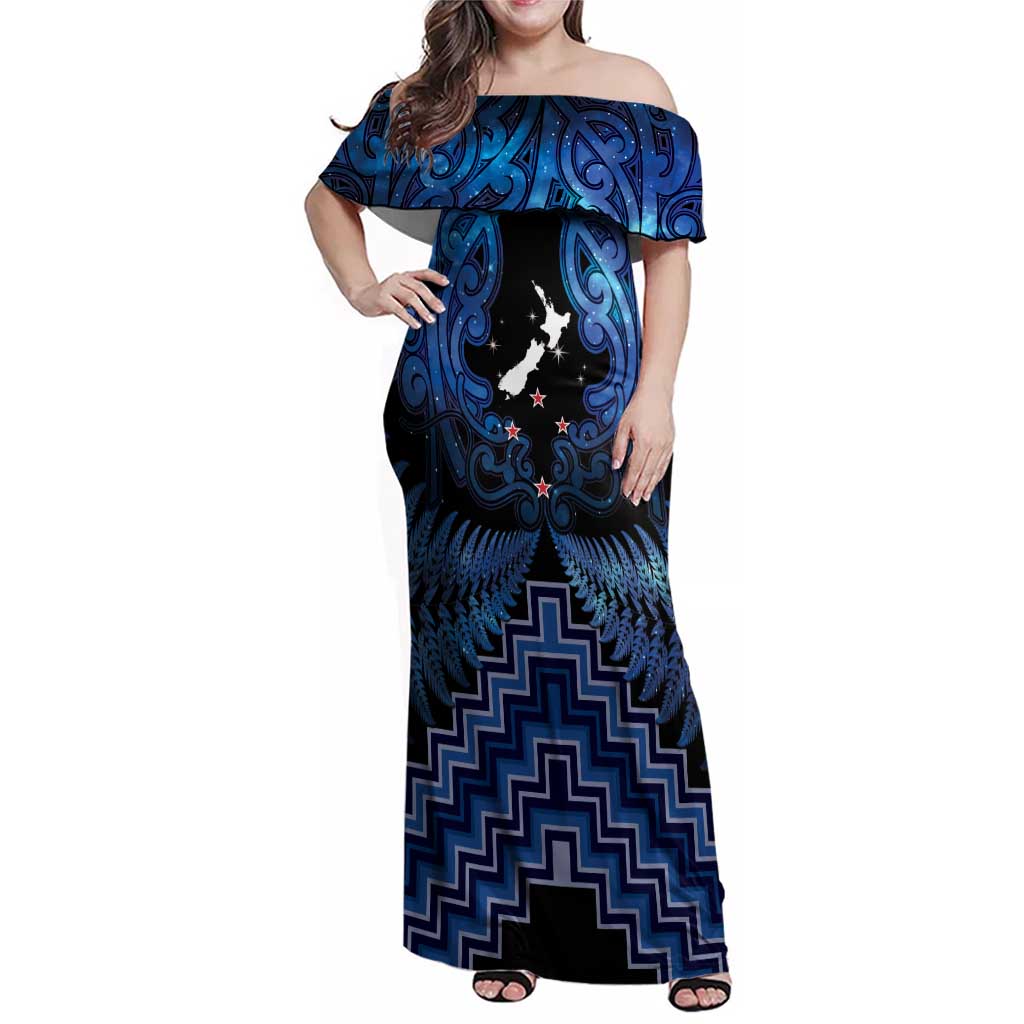 Personalised Aotearoa Matariki Family Matching Off Shoulder Maxi Dress and Hawaiian Shirt Blue Fern Maori Poutama